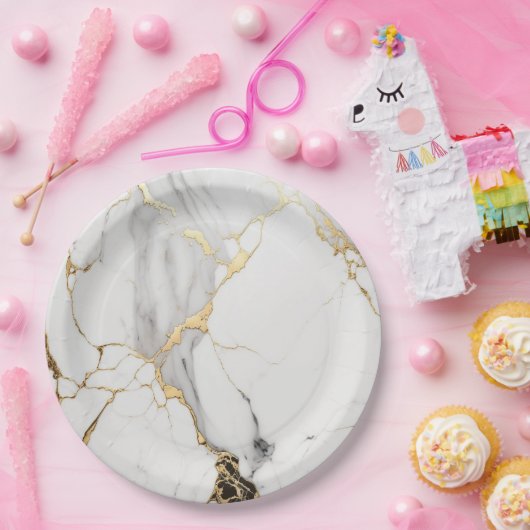 Elegant abstract zwart-wit goudmarmer papieren bordje (Feest)