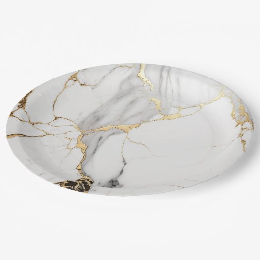 Elegant abstract zwart-wit goudmarmer papieren bordje (Gekanteld)