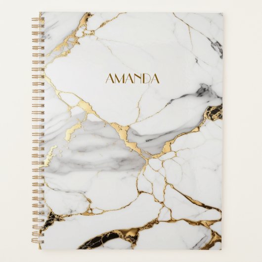 Elegant abstract zwart-wit goudmarmer planner (Voorkant)