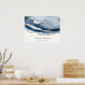 Elegant Abstracte marine Blue Agate Gold Waterverf Poster (Keuken)