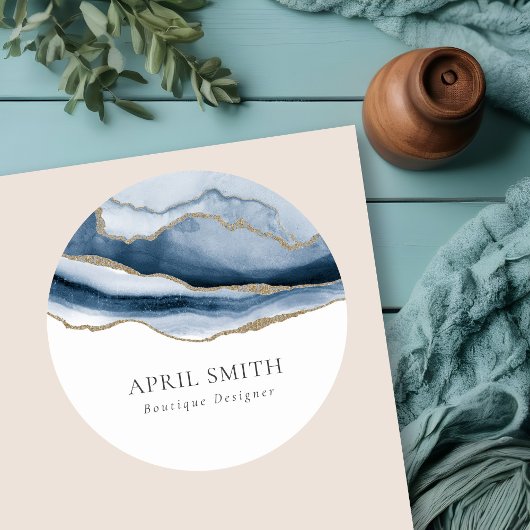 Elegant Abstracte marine Blue Agate Gold Waterverf Ronde Sticker
