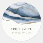 Elegant Abstracte marine Blue Agate Gold Waterverf Ronde Sticker (Voorkant)