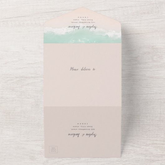 Elegant abstracte mousserende oceaanstrand bruilof all in one uitnodiging (Buitenkant)