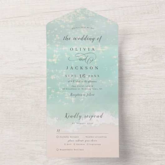 Elegant abstracte mousserende oceaanstrand bruilof all in one uitnodiging (Binnen)