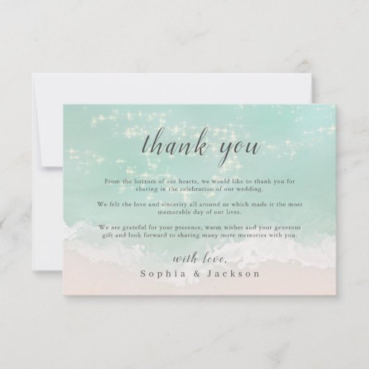 Elegant abstracte mousserende oceaanstrand bruilof bedankkaart (Voorkant)