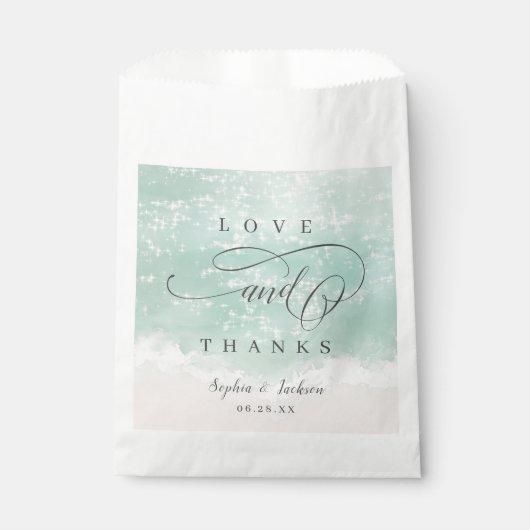 Elegant abstracte mousserende oceaanstrand bruilof bedankzakje (Voorkant)
