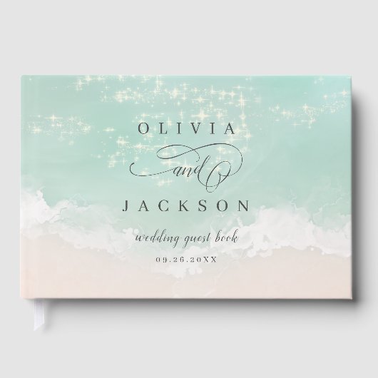Elegant abstracte mousserende oceaanstrand bruilof gastenboek (Voorkant)