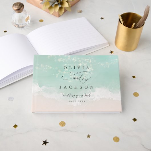 Elegant abstracte mousserende oceaanstrand bruilof gastenboek (Voorkant open)