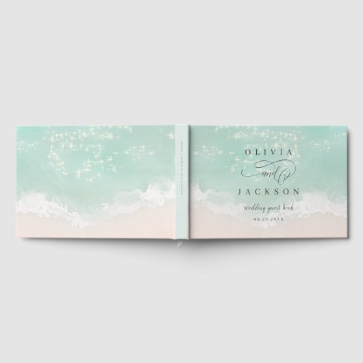 Elegant abstracte mousserende oceaanstrand bruilof gastenboek (Volledig)