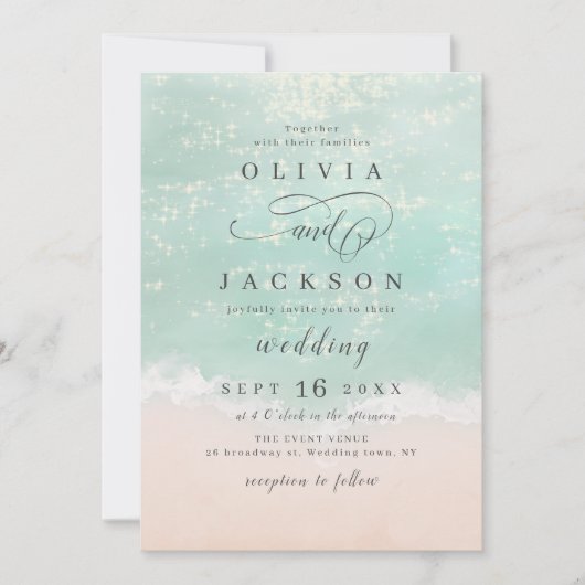 Elegant abstracte mousserende oceaanstrand bruilof kaart (Voorkant)