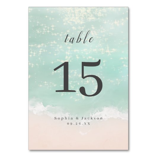 Elegant abstracte mousserende oceaanstrand bruilof kaart (Achterkant)