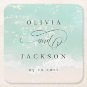 Elegant abstracte mousserende oceaanstrand bruilof kartonnen onderzetters (Voorkant)