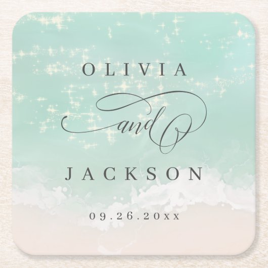 Elegant abstracte mousserende oceaanstrand bruilof kartonnen onderzetters (Voorkant)