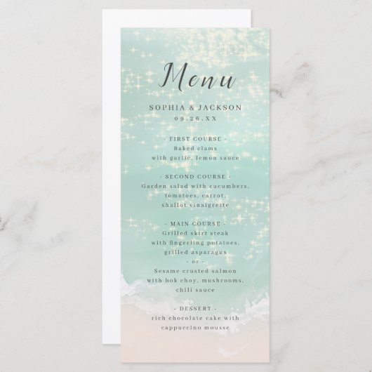 Elegant abstracte mousserende oceaanstrand bruilof menu (Voorkant / Achterkant)