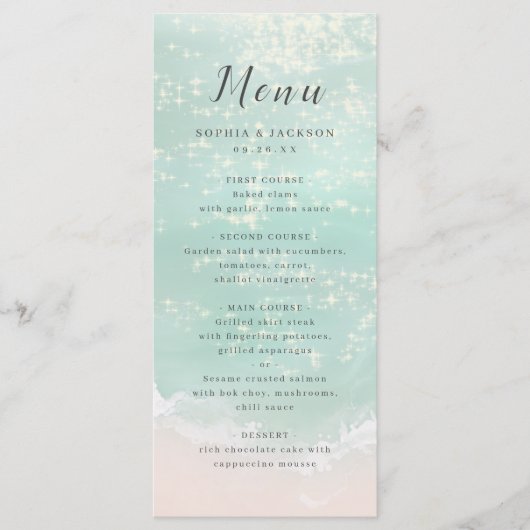 Elegant abstracte mousserende oceaanstrand bruilof menu (Voorkant)