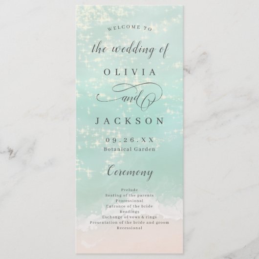 Elegant abstracte mousserende oceaanstrand bruilof programmakaart (Voorkant)