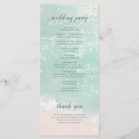 Elegant abstracte mousserende oceaanstrand bruilof programmakaart (Achterkant)