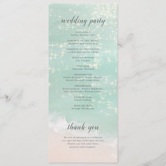 Elegant abstracte mousserende oceaanstrand bruilof programmakaart (Achterkant)