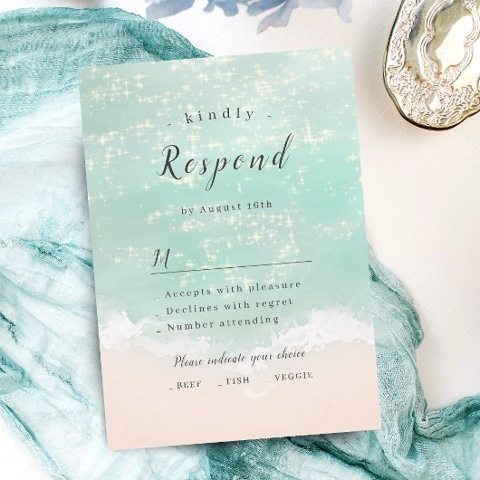 Elegant abstracte mousserende oceaanstrand bruilof RSVP kaartje