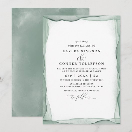 Elegant Abstracte Sage Green Wedding Waterverf Kaart (Voorkant / Achterkant)