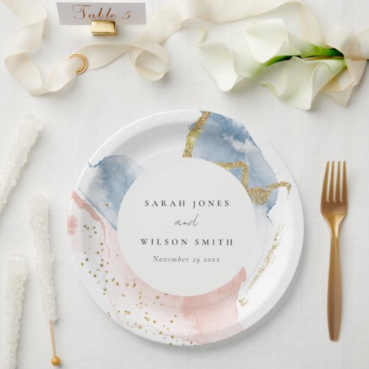 Elegant Abstracte Waterverf Gold Pink Blue Weddens Papieren Bordje (Huwelijk)