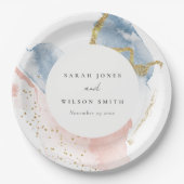 Elegant Abstracte Waterverf Gold Pink Blue Weddens Papieren Bordje (Voorkant)