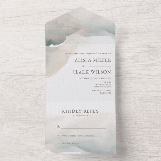 Elegant Abstracte Waterverf Painterly Wedding All In One Uitnodiging (Binnen)