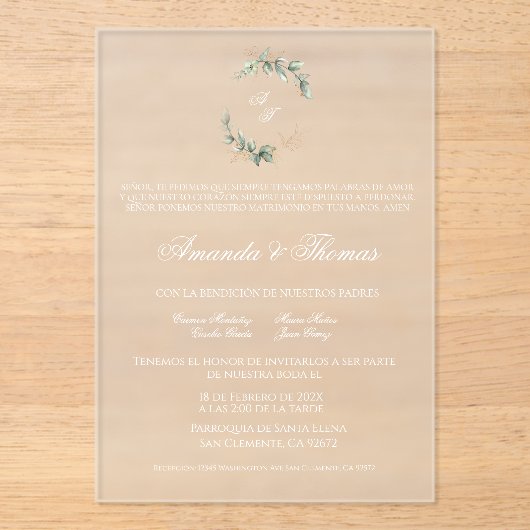 Elegant acryl groen Spaanse bruiloft Acryl Uitnodigingen (Voorkant)