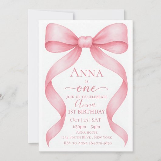 Elegant Adjustable Pink Bow First Birthday Invitat Kaart (Voorkant)