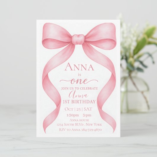 Elegant Adjustable Pink Bow First Birthday Invitat Kaart (Staand voorkant)