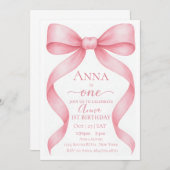 Elegant Adjustable Pink Bow First Birthday Invitat Kaart (Voorkant / Achterkant)