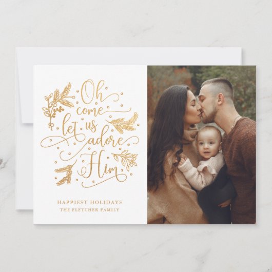 Elegant Adore Him | Kerstfeest met foto's | Goud w Feestdagenkaart (Voorkant)