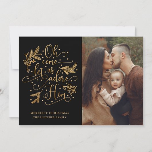 Elegant Adore Him | Kerstfeest met foto's | Goud z Feestdagenkaart (Voorkant)