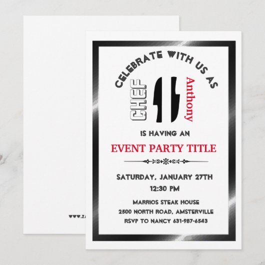 Elegant Adult Chef Cook Party Custom Invitation Kaart (Voorkant / Achterkant)