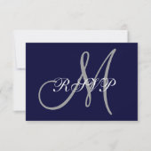 Elegant Affair Navy Blue Grey Initiaal Wedding RSV RSVP Kaartje (Voorkant)