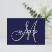 Elegant Affair Navy Blue Grey Initiaal Wedding RSV RSVP Kaartje (Staand voorkant)