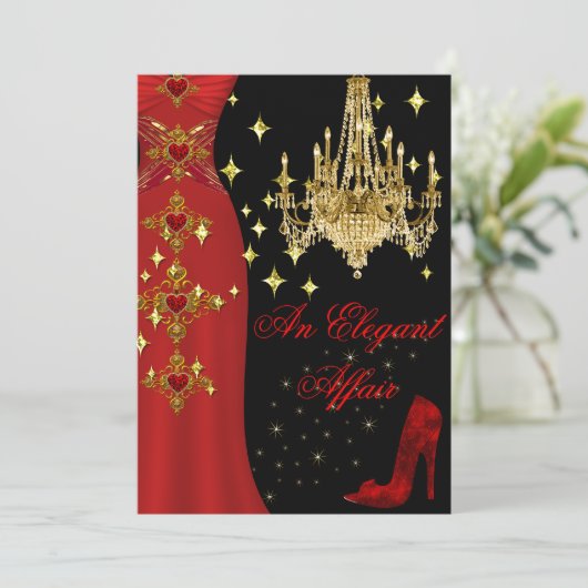 Elegant Affair Red Dress Gold Chandelier Birthday Kaart (Staand voorkant)