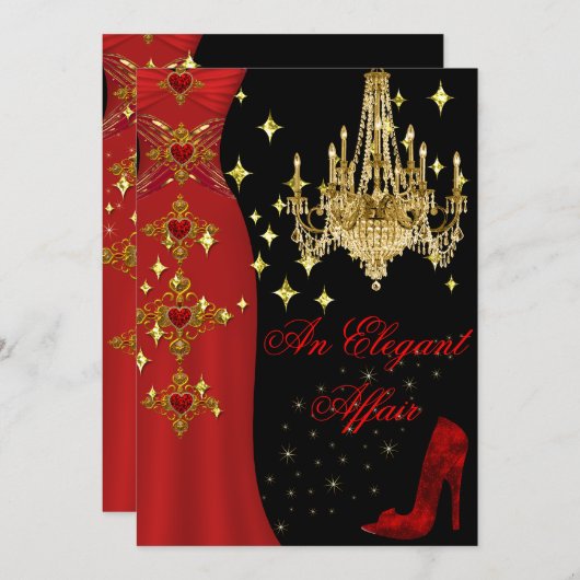 Elegant Affair Red Dress Gold Chandelier Birthday Kaart