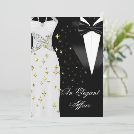 Elegant Affair White Dress Black Stropdas Gold Bir Kaart (Staand voorkant)