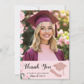 Elegant Afgestudeerden Foto Bloemen Roze Afstudere Bedankkaart (Voorkant)