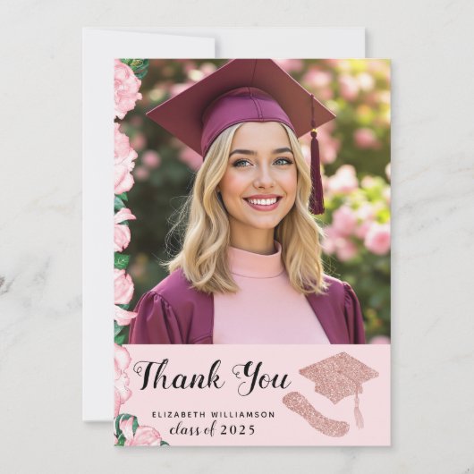 Elegant Afgestudeerden Foto Bloemen Roze Afstudere Bedankkaart (Voorkant)