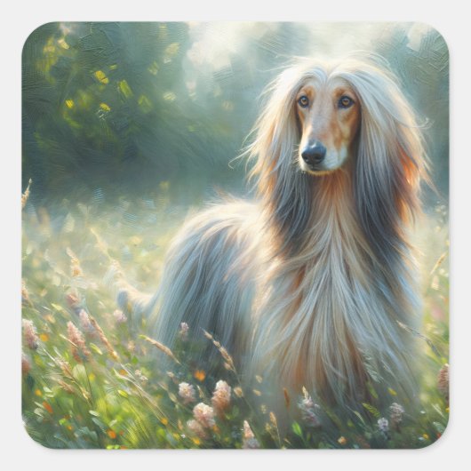Elegant Afghan Hound – Floral Meadow Painting Vierkante Sticker (Voorkant)