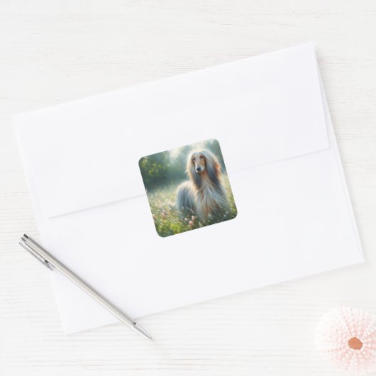 Elegant Afghan Hound – Floral Meadow Painting Vierkante Sticker (Envelop)