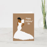 Elegant African American Sister Birthday Kaart<br><div class="desc">Deze airy floral roos Birthday kaart is voorzien van een Afrikaanse Amerikaanse vrouw met een mooie witte jurk. Stuur een hartverwarmende kaart naar je zus die precies uitdrukt wat je wilde zeggen.</div>