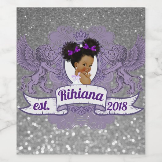 Elegant Afrikaans Paarse Prinses Zilveren Glitter Wijn Etiket (Enkel label)