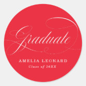 Elegant Afstudeerder Calligrafie Script Rood Afstu Ronde Sticker (Voorkant)