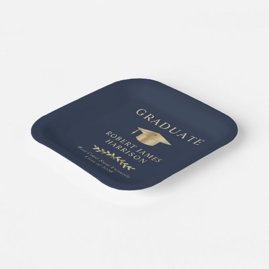Elegant Afstudeerder Pet Blauw Goud Afstudeerfeest Papieren Bordje (Gebogen)