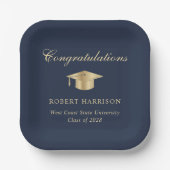 Elegant Afstudeerder Pet Blauw Goud Afstudeerfeest Papieren Bordje (Voorkant)