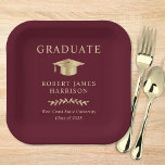 Elegant Afstudeerder Pet Bourgondië Gold Graduatio Papieren Bordje<br><div class="desc">Elegante bordeaux rode afstudeerfeest papieren borden met een gouden afstudeerders pet,  "Afstuderen" en de naam van de afgestudeerde,  school en klas jaar in klassieke serif typografie.</div>