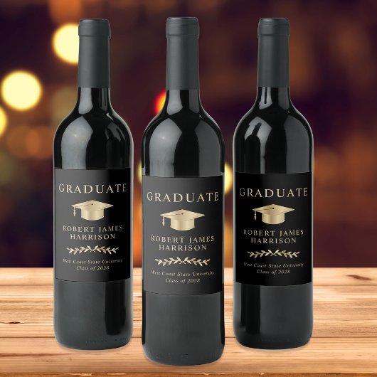 Elegant Afstudeerder Pet Zwart Goud Afstudeerfeest Wijn Etiket